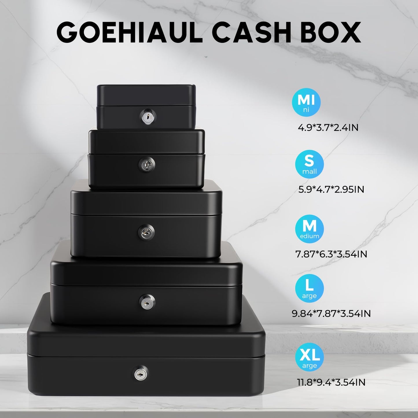 Cash Box with Money Tray and Lock, Metal Money Box for Cash Register, Large Cash Lock Box for Money Safe Includes 5 Slots Coin Tray, 4 Bill Slots, 4 Keys, 11.8" x 9.4" x 3.54" Black