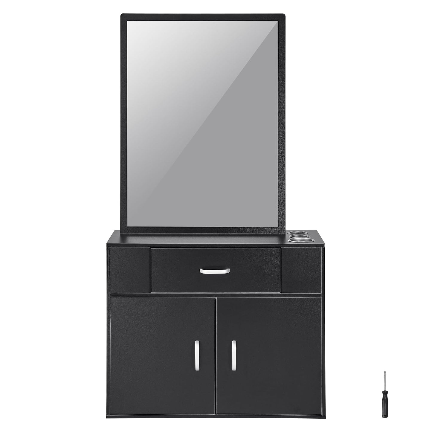VEVOR Salon Storage Cabinet, Wall Mounted Barber Salon Station for Hair Stylist, Hair Stylist Station Set, with 3 Sleeves, A Mirror, Double-Door Cabinet, and A Drawer, Black