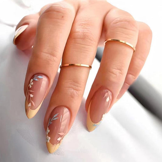 Flower Almond Press on Nails Medium Fake Nails French Tip False Nails with Designs Floral Glue on Nails Glossy Full Cover Acrylic Artificial Cute Stick on Nail for Women Nail Manicure 24pcs