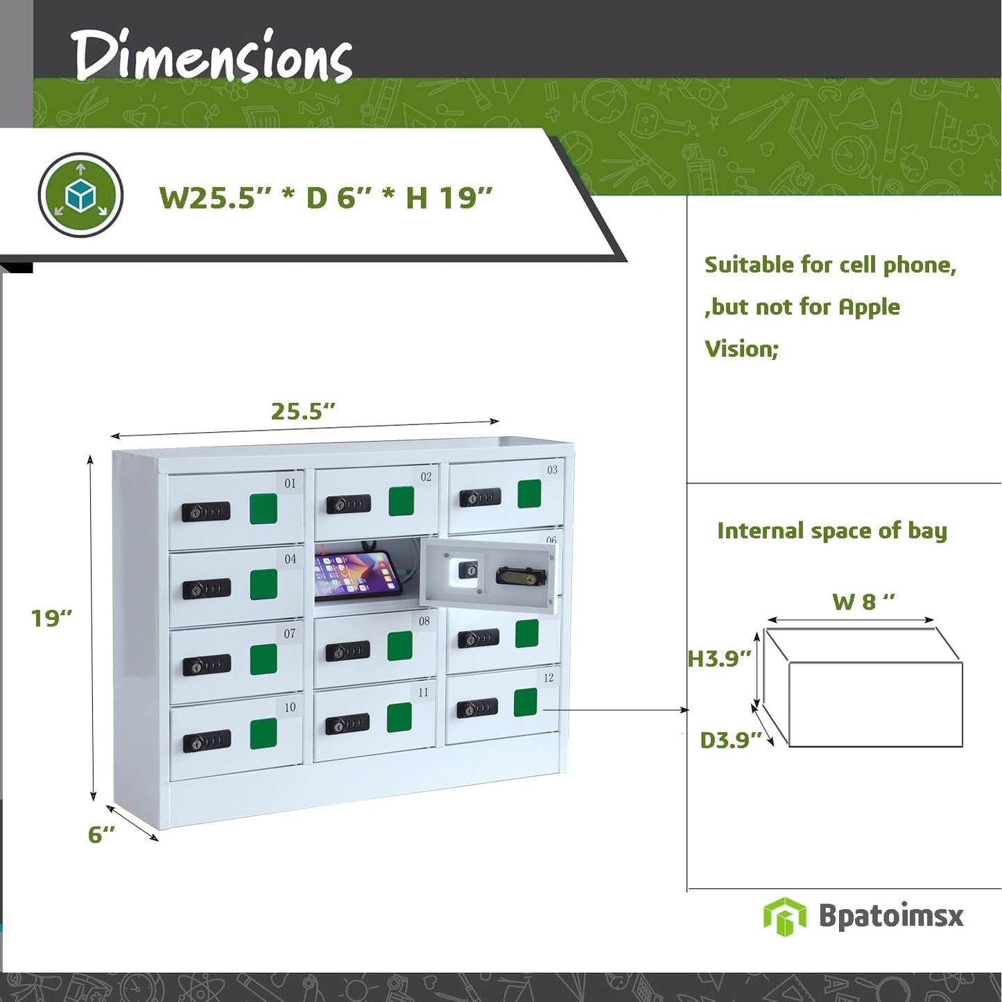 Bpatoimsx Safety and Convenience 12 - Compartment Cell Mobile Phone Charging Station Cabinet Locker with Combination Lock White - Ideal for Students and Employees