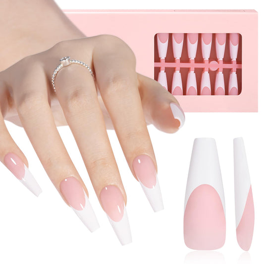AILLSA French Gel Nail Tips, 180 Pcs French Tip Press On Nails Long Coffin Pink, Pre-Applied Primer & Base Coat, No Need File, Soft Nail Tips, Fake Nails for Nail Art DIY 15 Sizes