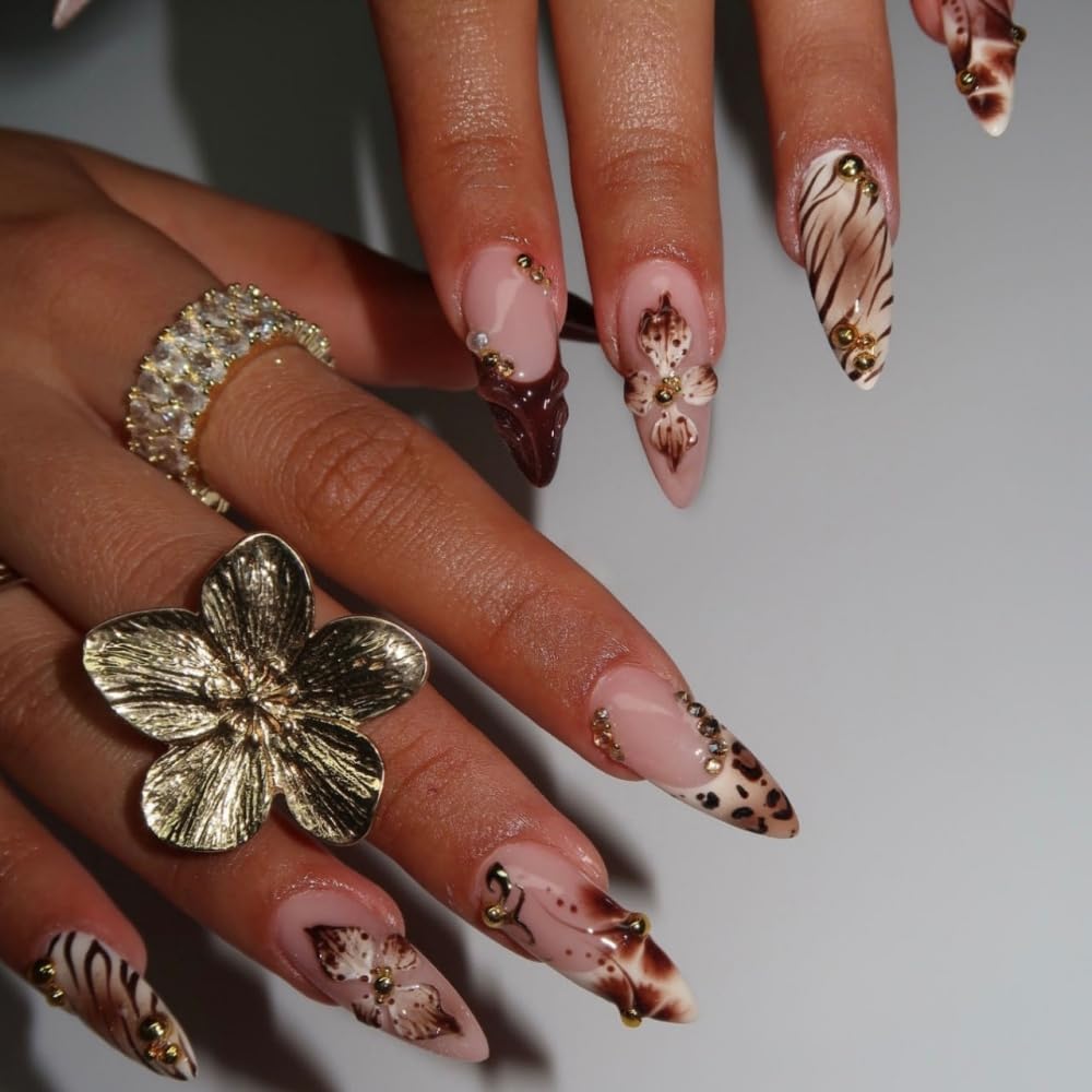 French Tips Press on Nails Medium Almond Nails Press on with 5D Flower Charm Design Glossy Brown Leopard Prints Glue on Nails Pearls Rhinestones Fake Nail Fall Winter Nail for Women Manicure 24Pcs