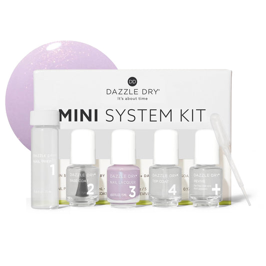 Dazzle Dry Mini Kit 4 Step System - Lovely Lilac - A pale purple with a pink shimmer effect. Full coverage shimmer. (5 Piece Kit / 5 Manicures)