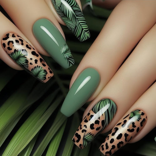 Green Leopard Print Press on Nails Medium Square Fake Nails Palm Leaf False Nails with Solid Color Green Designs Full Cover Acrylic Nails Glossy Cheetah Finger Manicure for Women 24Pcs
