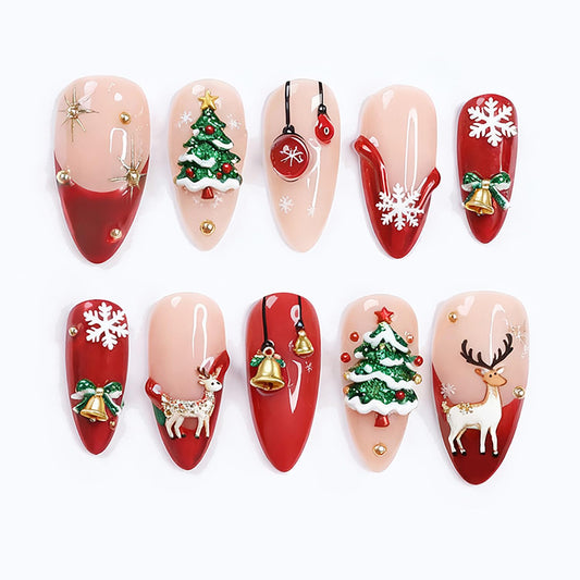 30Pcs Christmas Press on Nails Medium French Tip Fake Nails 3D Luxury Gold Beads Design Xmas Tree Bell Almond Acrylic Nails Cute Elk Snowflake Glue on Nails for Women Winter Christmas Manicure