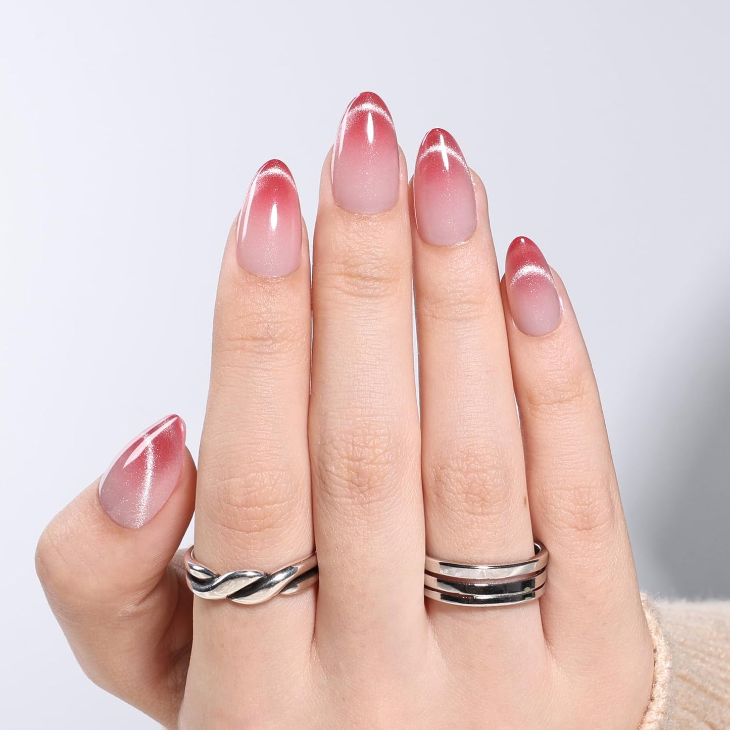 Ombre Red Cat Eye French Tip Press On Nails Almond - Pink Short Almond Fake Nails, Ombre Cateye Press On Nails Reusable Stick On Nails in 16 Sizes, 32pcs False Nail Kit for Women & Girls(Rosé)
