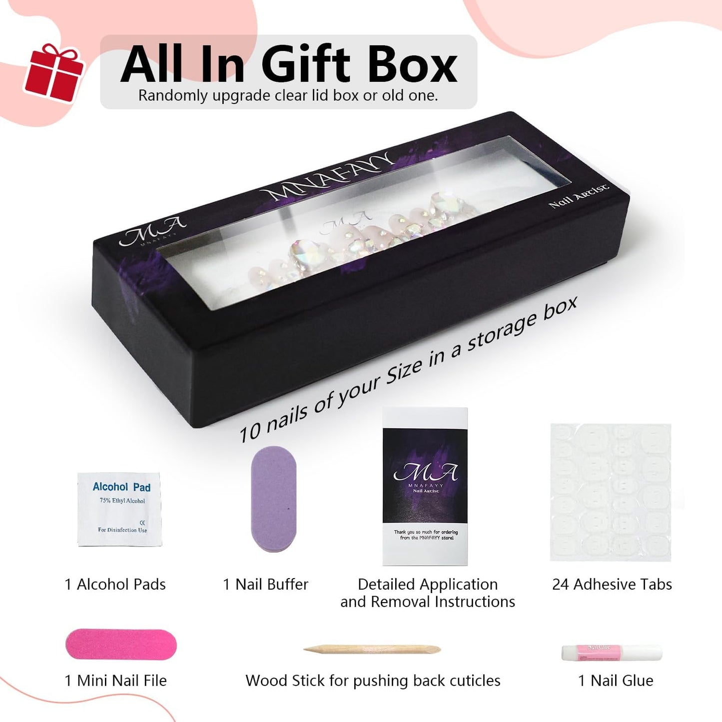 MNAFAYY Luxury Gems 100% Handmade Nails Long Stiletto Press On Nails Full Cover 3D Rhinestone Crystal Gorgeous Reusable UV Finished Fake False Nails Acrylic Nail Kit With Box Gift for Women Red M