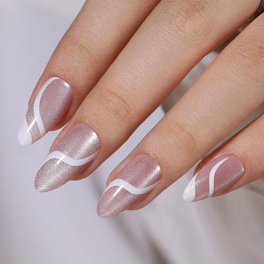 WAFOLOZE Press On Nails Long Almond Fake Nails Holiday Nail Press Ons With Simple White Lines Cat's Eye Design, Artificial False Nails Stick On Nails for Women-30Pcs