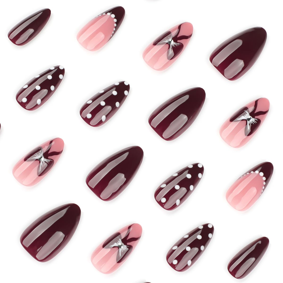 Medium Almond Press on Nails - Wine Red Fake Nails with Bow, Polka Dot Designs False Nail French tip Glue on Nails Reusable Full Cover Stick on Nail for Women Manicure 24Pcs