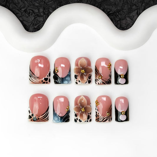 Flower Handmade Press on Nails 3D Luxury Brown Floral Design Leopard Print French Tip Fake Nails Muti-Layer Gel Handmade Acrylic Nail Short Square False Nails for Women (M)