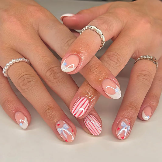AWDSLUY 24Pcs Bow White French Tip Press on Nails Short Oval Fake Nails with Pink White Stripe Star Design Nude Pink Glossy False Nails Sweet Summer Blue Star Full Cover Stick on Nails for Women
