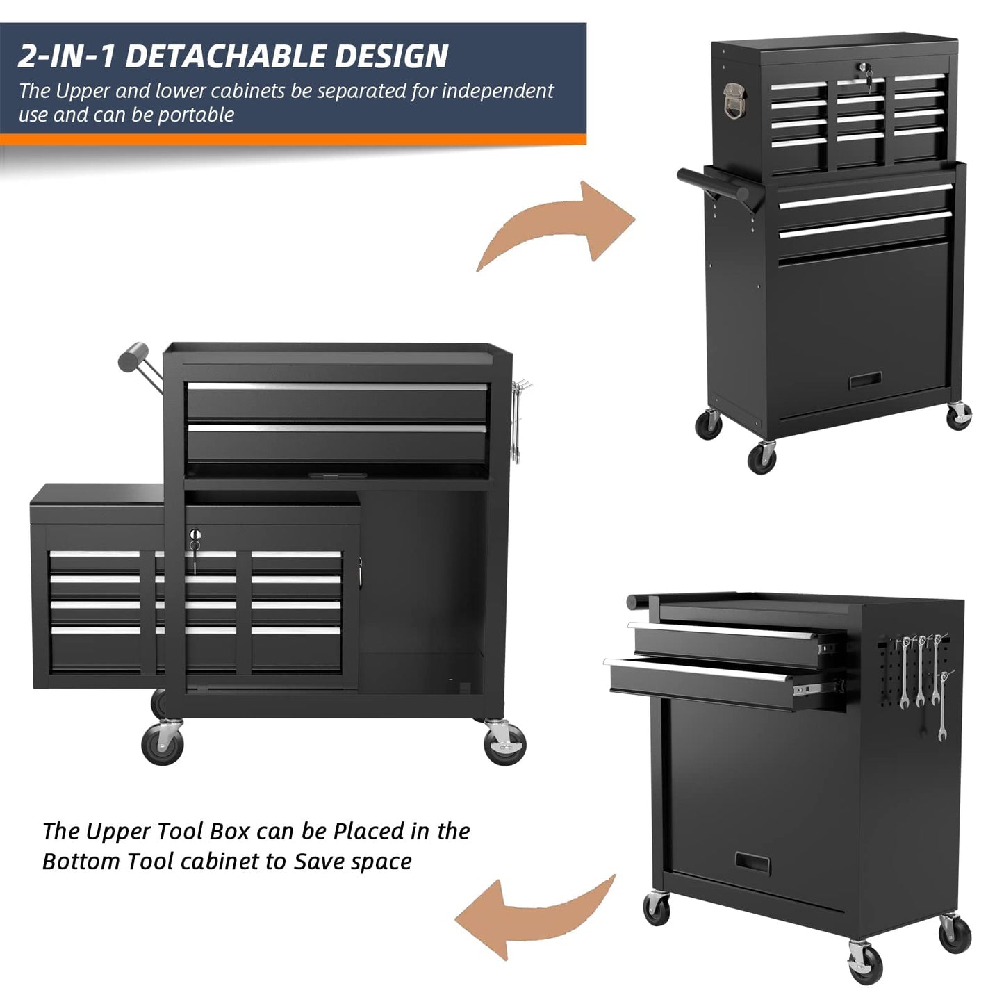 DYneeds 8-Drawer High Capacity Rolling Tool Box, Removable Cabinet Storage Tool Chest with Wheels and Drawers, Detachable Toolbox with Lock for Mechanics Garage Workshop and Tool Room (Black)