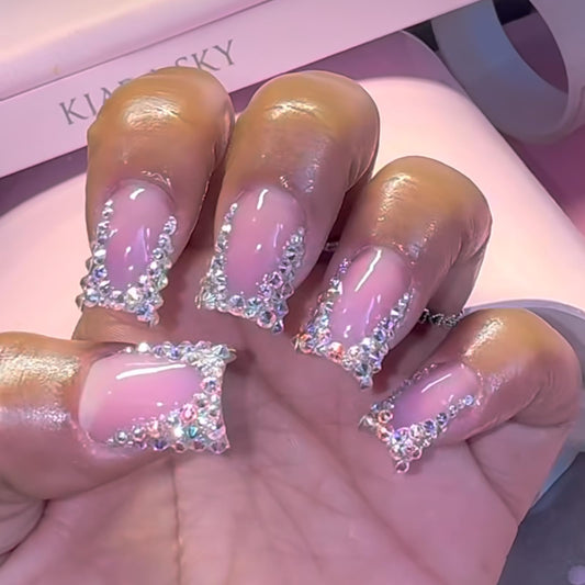 MISUD Press on Nails - Short Square Fake Nails with Bling Glitter, Acrylic Sparkly Rhinestone Design 24 pcs