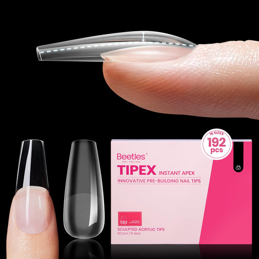 Beetles Tipex Instant Apex Nail Tips, Coffin Medium, 16 Sizes (00–14), 192pcs, Built-In Apex, No Builder Gel Required, Thicker Strong Acrylic Tips for DIY Nail Extensions