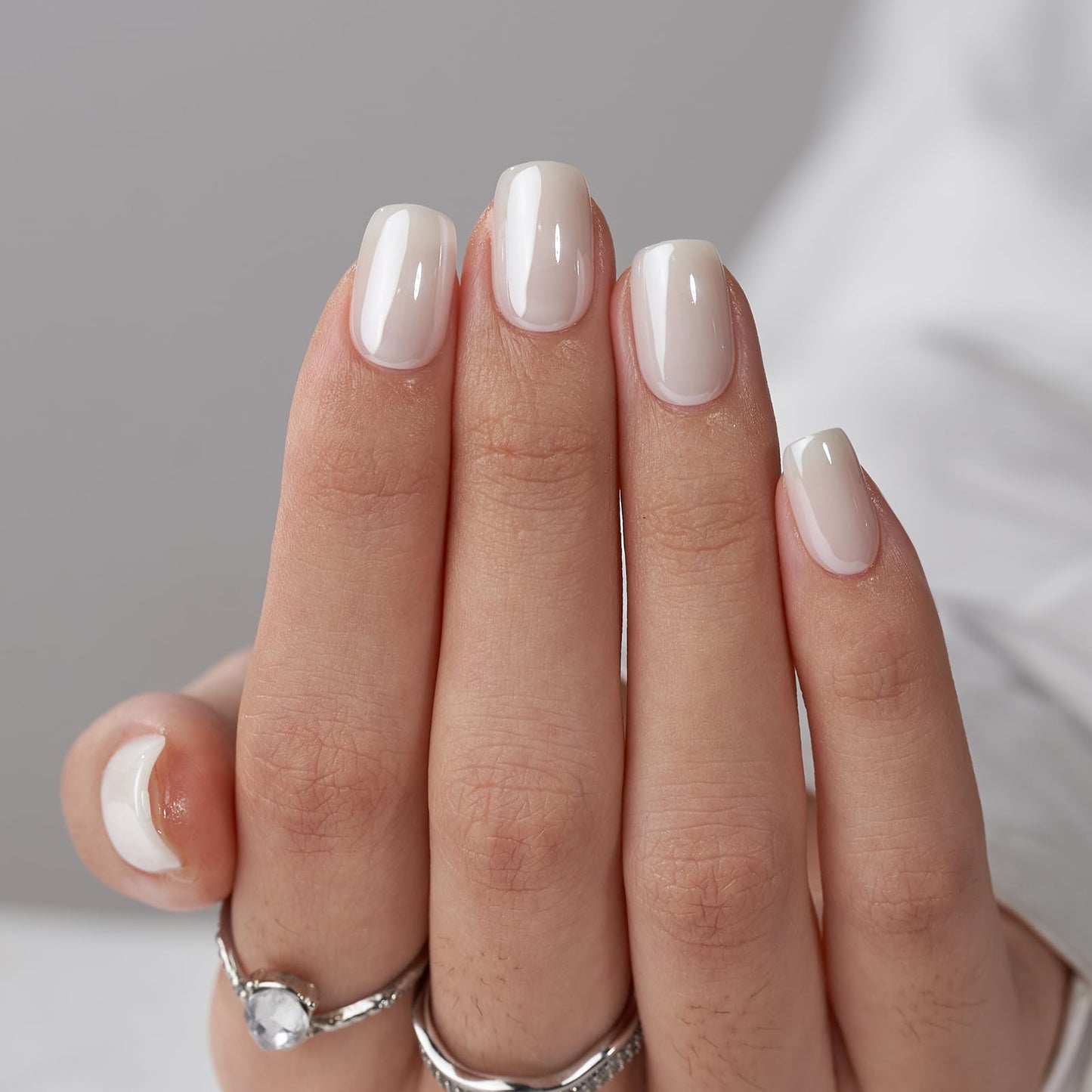 BTArtbox Press On Nails Short - White Soft Gel Press On Nail, Square Chrome Nail Tips Glue On Nails, Reusable Stick On Nails in 15 Sizes - 30 Soft Gel Fake Nails Kit, Vanilla Glazed