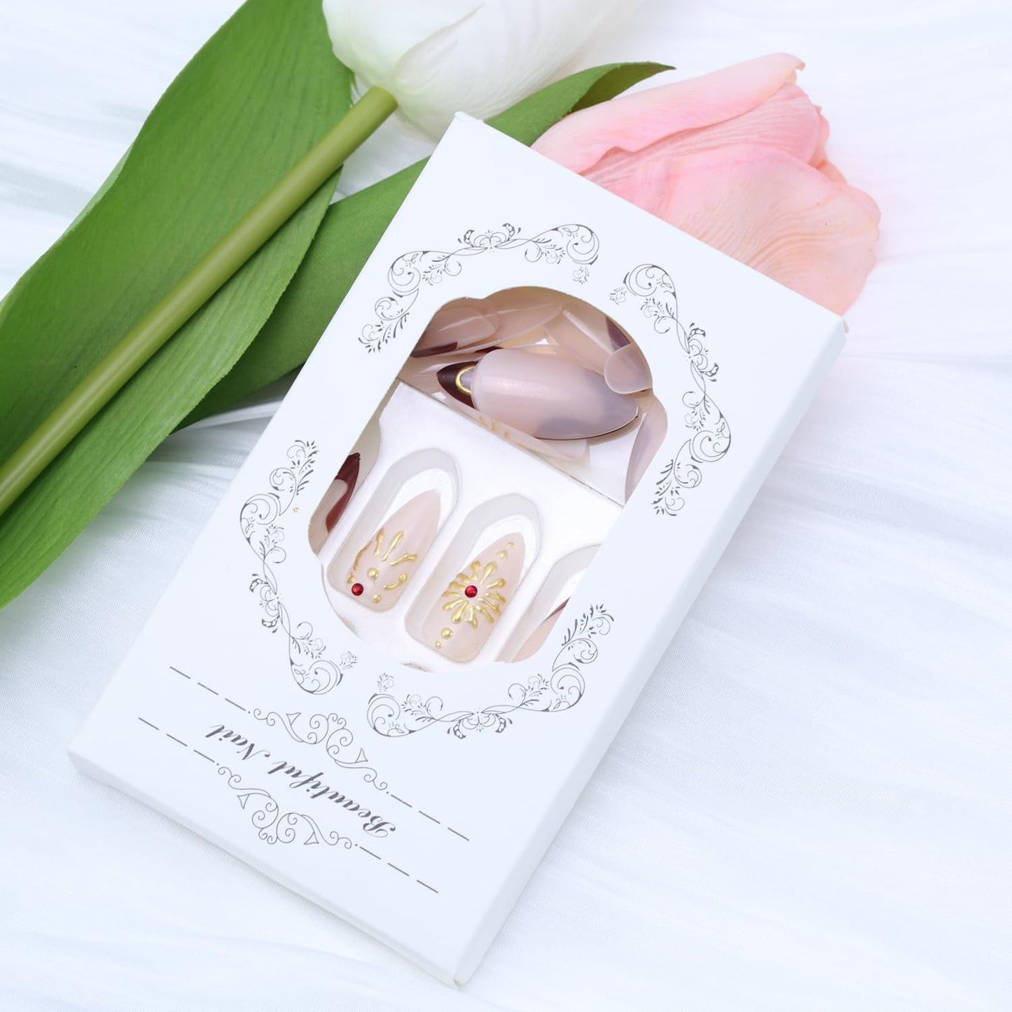 3D Gold Irregular Lines Press on Nails Medium Almond Press on Red French Tip Fake Nails Golden Sun False Nails with Shiny Rhinestones Design Artificial Nails Glossy Glue on Nails for Women Nails 24Pcs