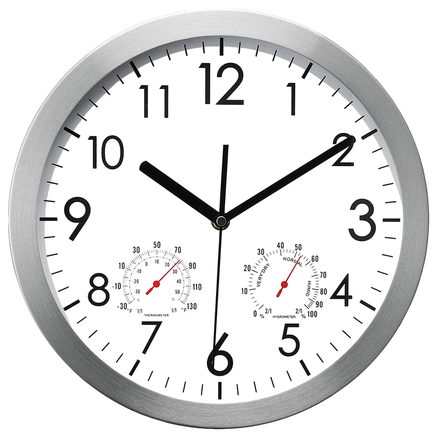 WOOPHEN 12 Inch Wall Clock with Temperature and Humidity, Battery Operated Non Ticking Silent Metal Frame Wall Clocks for Office, Home, Bathroom, Kitchen, Bedroom, School, Living Room(Silver)