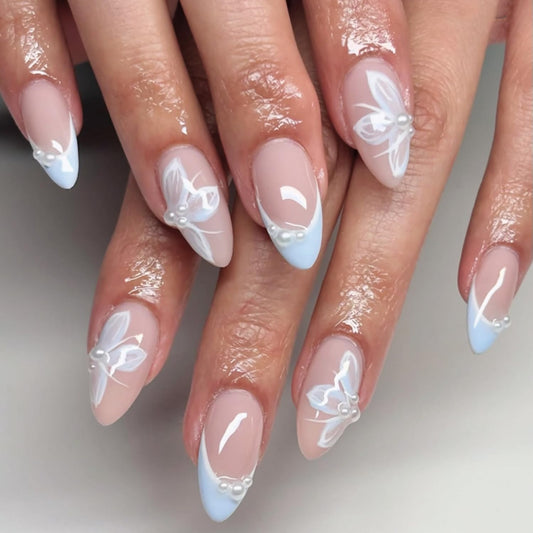 24Pcs Blue French Tip Press on Nails Almond Medium Fake Nails White Butterfly with Pearl Design Glue on Nails Glossy Nude Pink Acrylic Nails Summer Nails Press ons Reusable Stick on Nails for Women