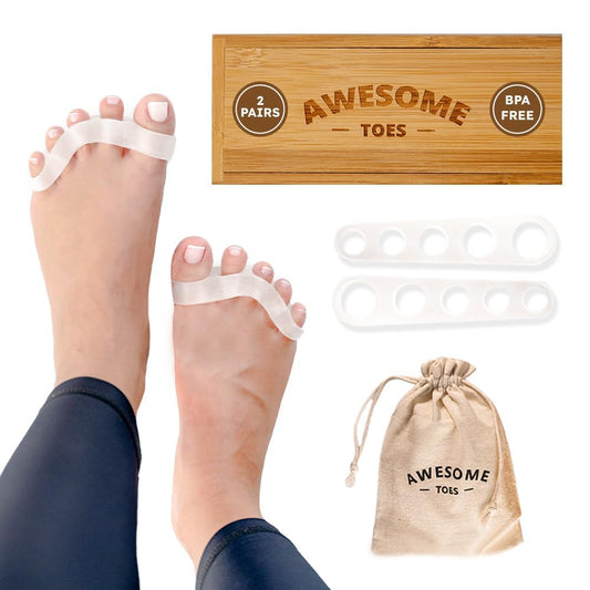 Toe Spacers for Women and Men, Bunion Corrector, Hammertoe Straightener and Plantar Fasciitis Relief, Latex-Free Medical-Grade Silicone Toe Separators for Yoga and Running, 2 Pairs in Wooden Gift Box