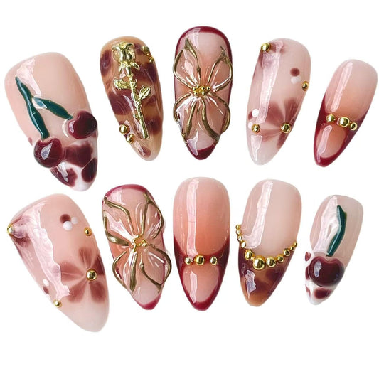Handmade Press On Nails Medium Almond Elegant 3D Cherry & Gold Floral Accent False Nails | Nude Pink Base with Wine-Red Tips, Reusable Acrylic Fake Nails (Wine Cherry, M)