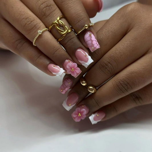White French Tip Press on Nails Medium Square 3D Pink Flower Pattern Fake Nails with Gold Bead Accents Glossy Full Cover False Nails for Women Daily & Party Nail Art 24Pcs Set Reusable