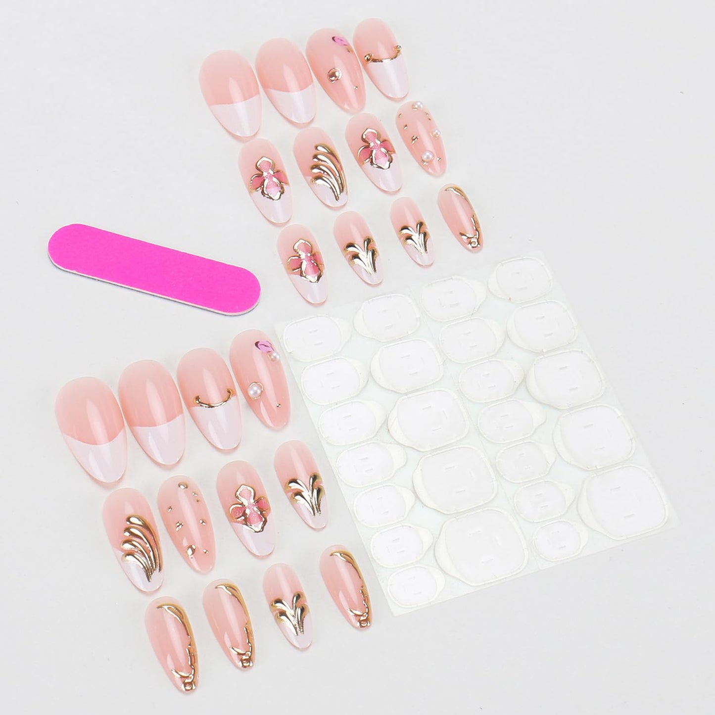 3D Cute Flowers Press on Nails Medium Almond Press on White French Tip Fake Nails Gold Edge False Nails with Pearls Designs Stick on Nails Glossy Glue on Nails for Women Nails Decor Accessories 24Pcs