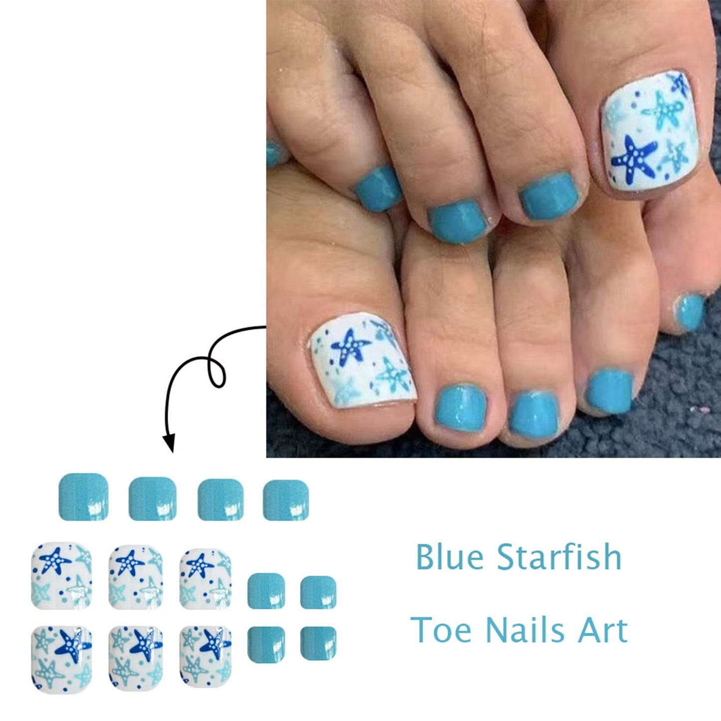 Blue Starfish Press on Toenails Short Square Fake Toe Nails Summer Beach Toenail Press ons Acrylic Toe Nail Tips Reusable Stick on Nails for Women Daily Vacation Manicure 24Pcs
