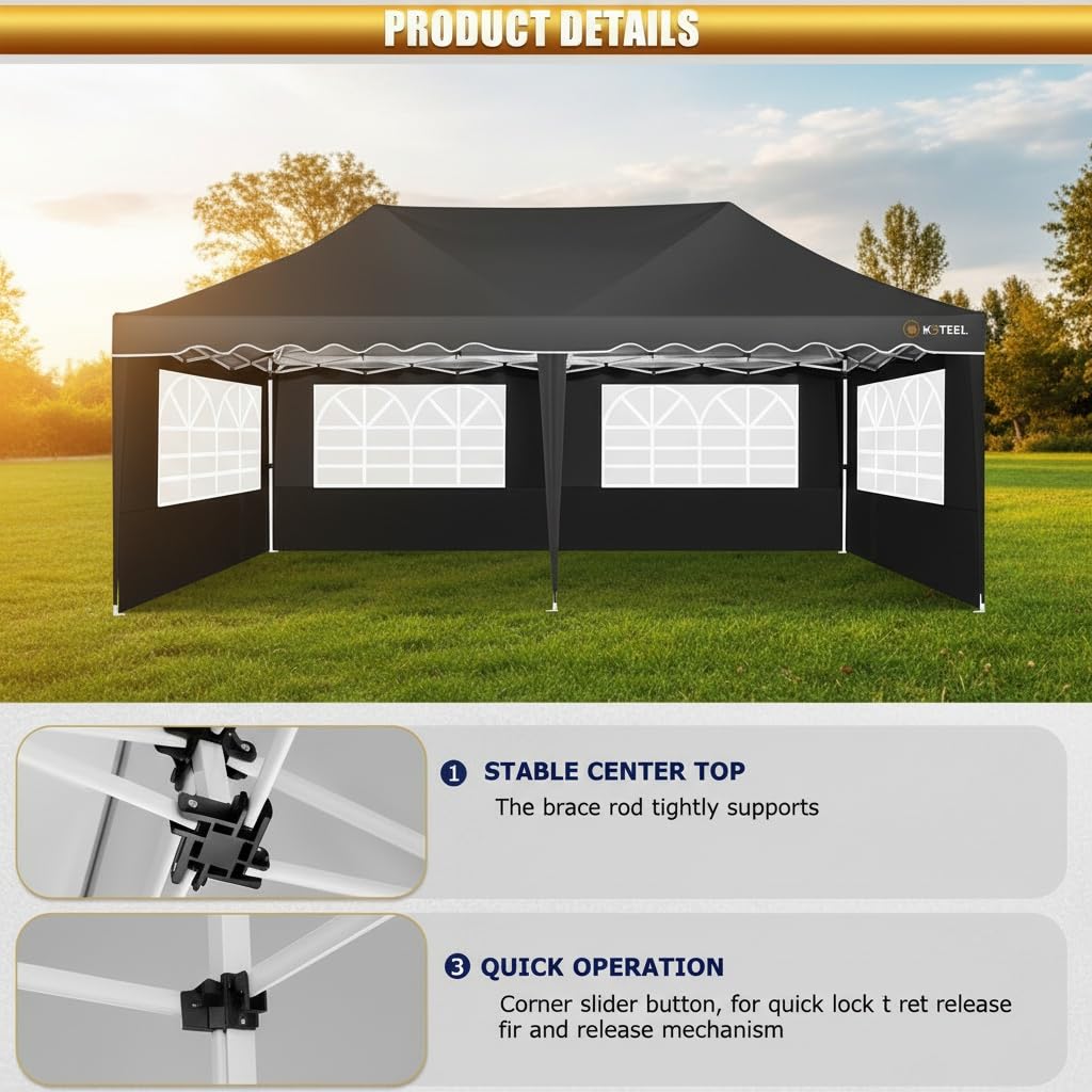 COBIZI Carport 10x20 Portable Garage, 2.0 Powder Coated Frame, Pop Up Canopy with 6 Sidewalls, Waterproof Shelter with Removable Sidewalls & Windows, Built-in Sandbags, for Car/Boat/SUV, Black