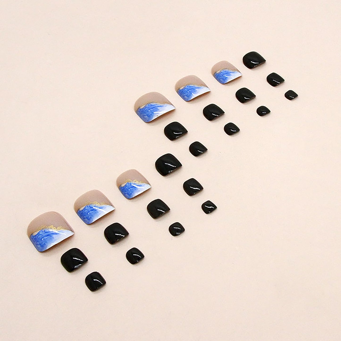 Vezocim Press on Toenails with Blue Ocean Designs, 24Pcs Black Artificial Short Fake Nails for Toe, Glossy Full Cover Feet Acrylic False Nails Press ons Toenails with Charm for Women Girls