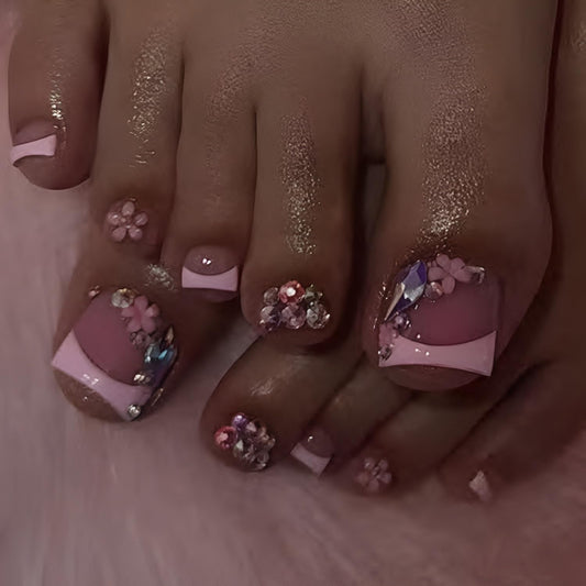 Pink French Tip Press on Toenails Short Square Fake Toe Nails Flower Toenail Press ons Rhinestones Glue on Toe Nails Glossy False Toenails Pink Stick on Toenail for Women Decorations 24Pcs