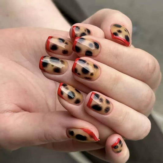 Square Press on Nails Medium Fake Nails Red French Tip Leopard Full Cover Glossy Stick on False Nails for Women 24 Pcs
