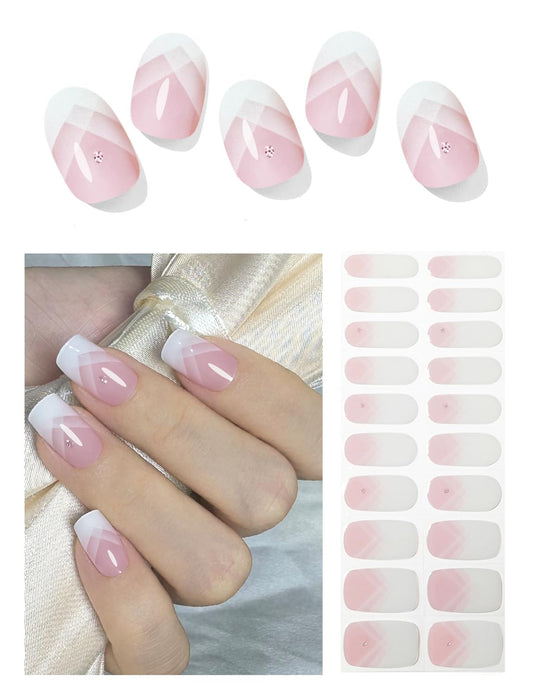 Wahrshei Semi Cured Gel Nail Strips, 20pcs French Gradient Gel Nail Stickers Work with UV, Easy to Use and Remove