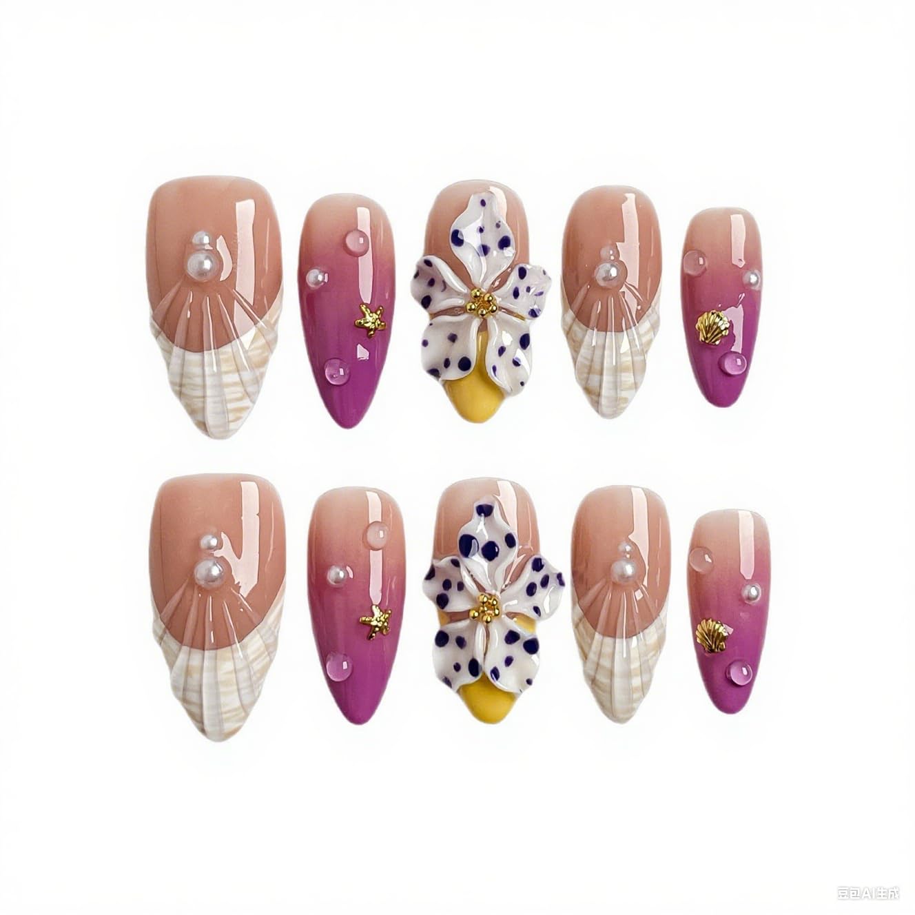 Handmade Press on Nails Purple Gradient Fake Nails French Tip Multi-Layer Gel Acrylic Nail with 3D White Flower & Pearl Designs Full Cover Medium Almond Stick on Nails for Women Nail Art（Size M)