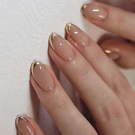 Mivota Almond Press On Nail Short, Pink Fake Nails with Elegantly Crafted Gold French Tips, Glossy Gel Finish, Thick Natural Reusable Glue On Nails Kit for Women 24Pcs, Golden Chic