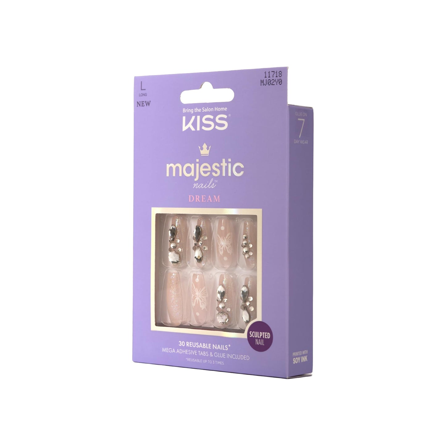 KISS Majestic, 30 Pcs Press On Nails, Medium Coffin Fake Nails, Pink Butterfly Glitter Design with Gems, Reusable Stick On Extensions Full Cover Kit with Glue, Adhesive Tabs, Manicure Stick & File