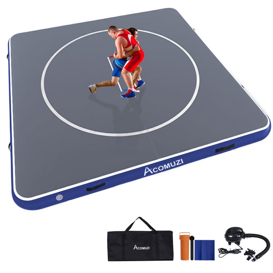 ACOMUZI Inflatable Wrestling Mat 13FT/10FT/5FT, Portable Jiu Jitsu Mats Wrestling Mat for Home, Outdoor or Indoor Training Mat for Water Yoga, Gymnastics, BJJ, MMA (Gray+Blue, 10×10FT×4inch)