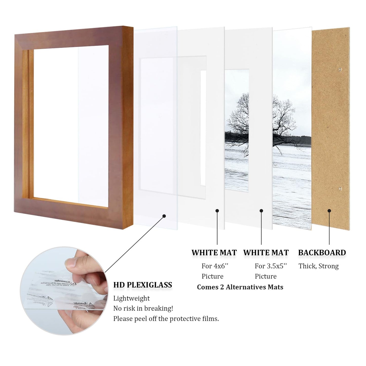 Egofine 5x7 Picture Frames 4 Pack Made of Solid Wood Covered by Plexiglass Matted for 4x6 or 3.5x5 for Table Top Display and Wall Mounting Photo Frame, Light Brown