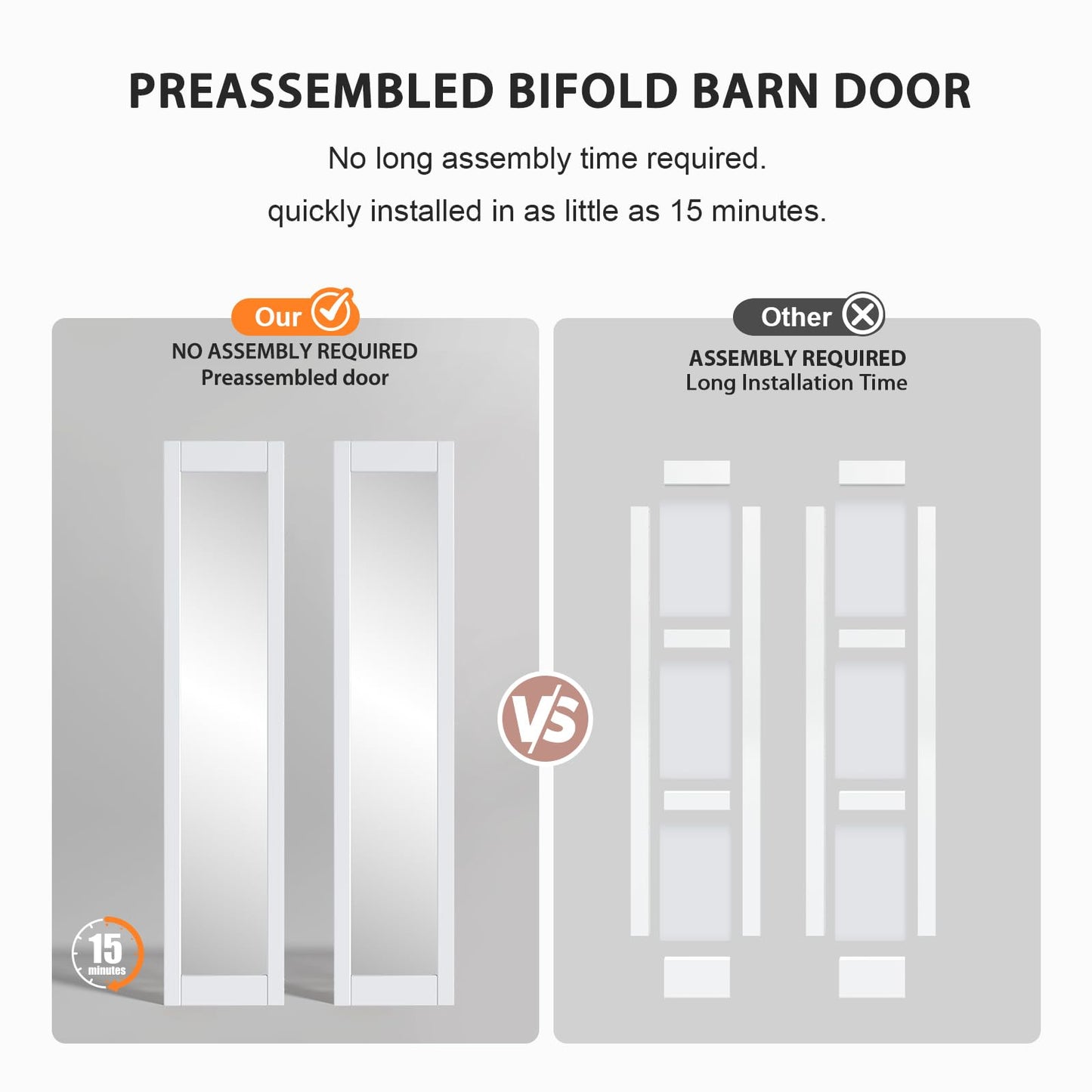 FREDBECK Preassembled Bifold Barn Door 42x84 (Double 21x84) with 1 Lites Mirror,Bi-fold Closet Doors Hardware Kit Included,46" Track for 2 Doors, PVC, White,for Living Room, Bathrooms, Kicthen
