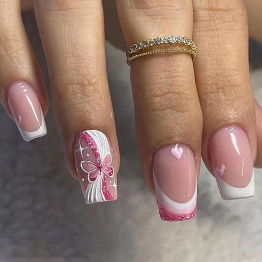 24Pcs Medium Press on Nails Square Fake Nails wiht Glitter Pink Butterfly and Heart/Love Designs False Nails French Tip Acrylic Nails Glossy Full Cover Stick on Nail for Women Nail Decorations