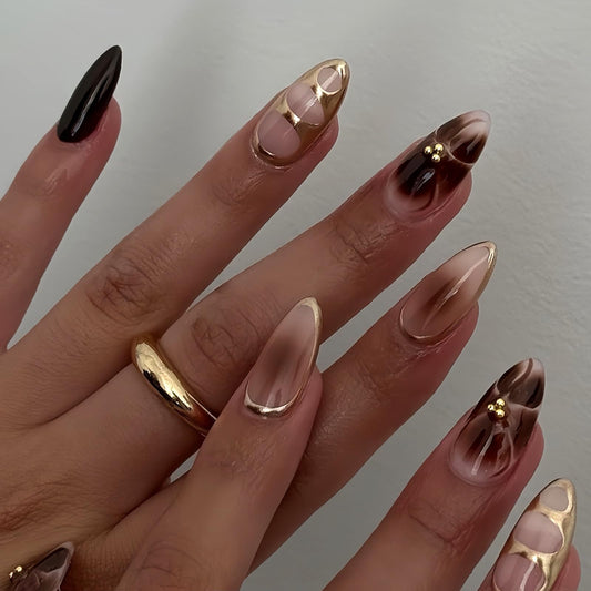 HOSAILY Brown Flower Ombre Press on Nails Medium Almond, Mirror Metallic Gold Floral Gradient Semi-Handmade Full Cover Stick on Nails for Women, 24Pcs Glossy Summer Fall Fake False Nail with Glue