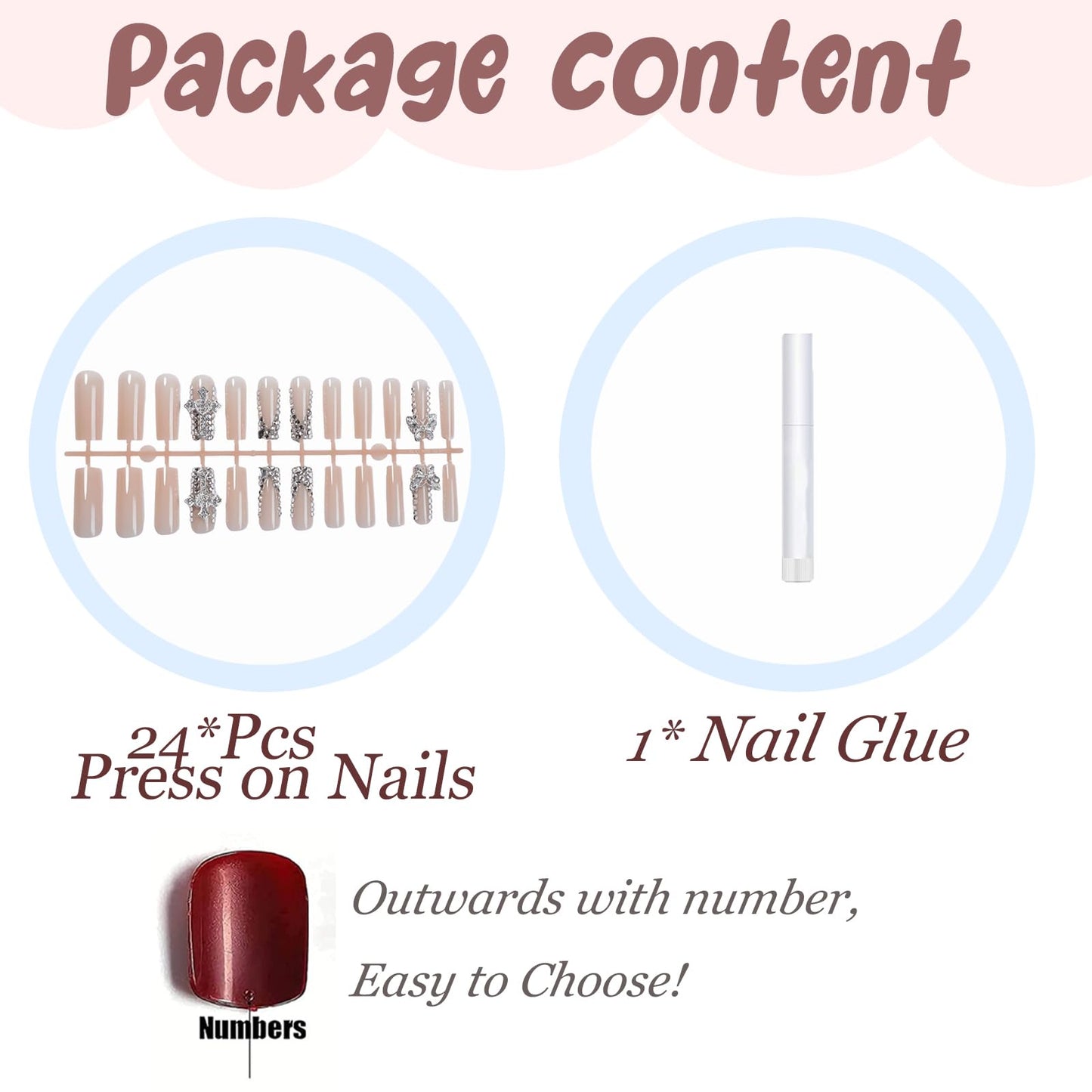 BABALAL Long Square Press on Nails - Rhinestone French Tip Metallic Cross Butterfly Charm Luxury Goth Bling Acrylic Squoval Glue on Nails 24 Pieces