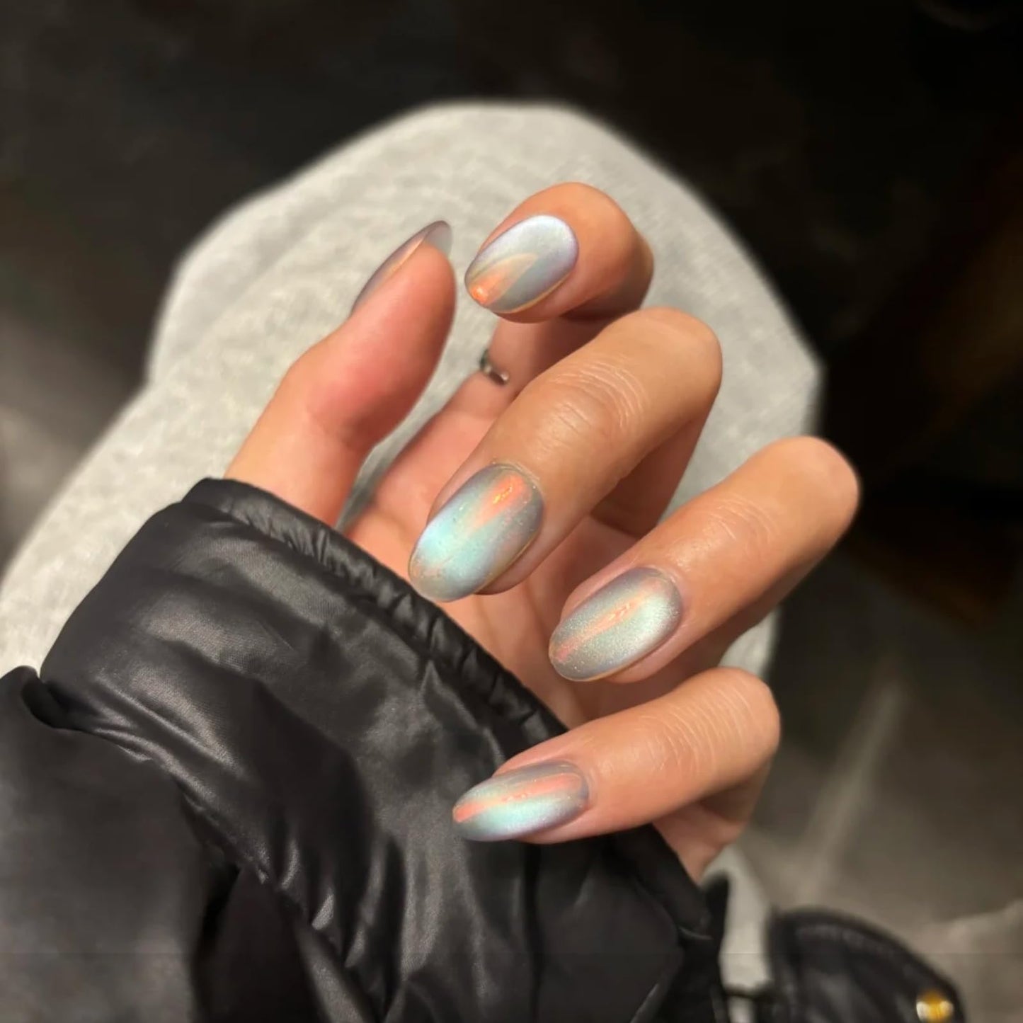 Cat Eye Press on Nails Handmade Short Oval/Square/Round False Nails with French Tip/Aurora/Magnetic Shimmer Designs (Aurora#Sunset River, Small)
