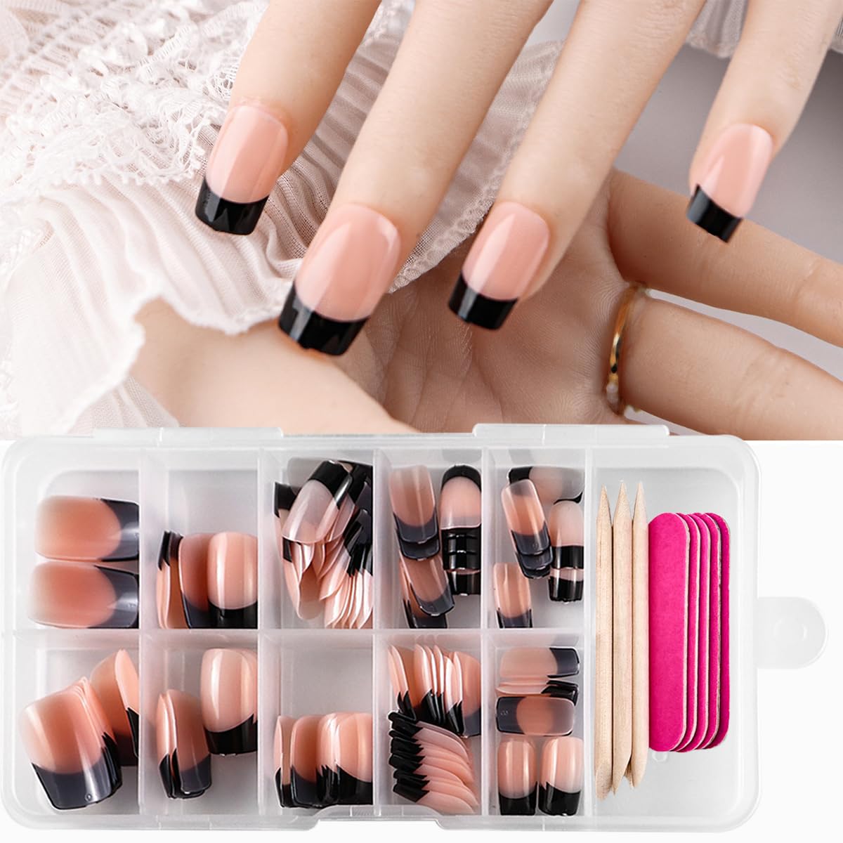 Black French Tip Press on Nails Medium Square Fake Nails 120 Pcs French Tips Gel Glossy Glue on Nail Full Cover Nude Artificial Acrylic Nail Medium Length False Nails for Women Girls