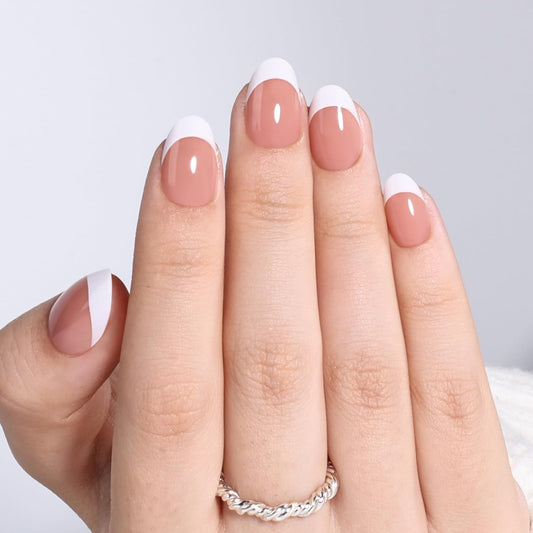 Leefrei French Tip Press On Nails Short Almond - Warm Nude Base with White Tips, Natural Almond French Fake Nails, Reusable Glue On Nails Kit, 32pcs in 16 Sizes Nails Press ons, Latte French
