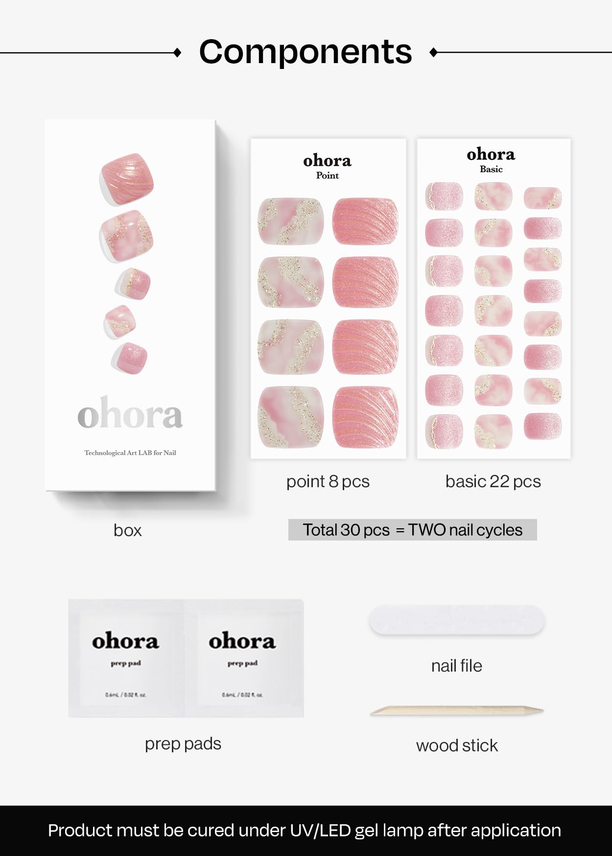 ohora Semi Cured Gel Pedi Strips (P Mermaid Dust) - Works with Any Nail Lamps, Salon-Quality, Long Lasting, Easy to Apply & Remove - Includes 2 Prep Pads, Nail File & Wooden Stick