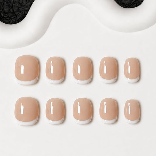 Handmade Press on Nails Short Almond Nude White French Tip Fake Nails Glossy Full Cover Muti-Layer Gel Acrylic Nail Natural & Elegant Style Thick False Nail Solid Color Stick on Nails for Women (S)