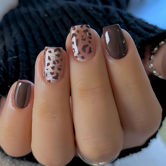 24 Pcs Leopard Print French Tip Press on Nails with Glitter Designs Glossy Brown False Nails Short Square Fake Nail Full Cover Acrylic Glue on Nails for Women DIY Manicure Nail Decoration