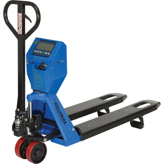 Global Industrial Low Profile Pallet Jack Scale Truck with 22" W x 48" L Forks, 5000 Lb. Capacity, Manual Duty Truck for Warehouse, Manufacturing and Loading Docks