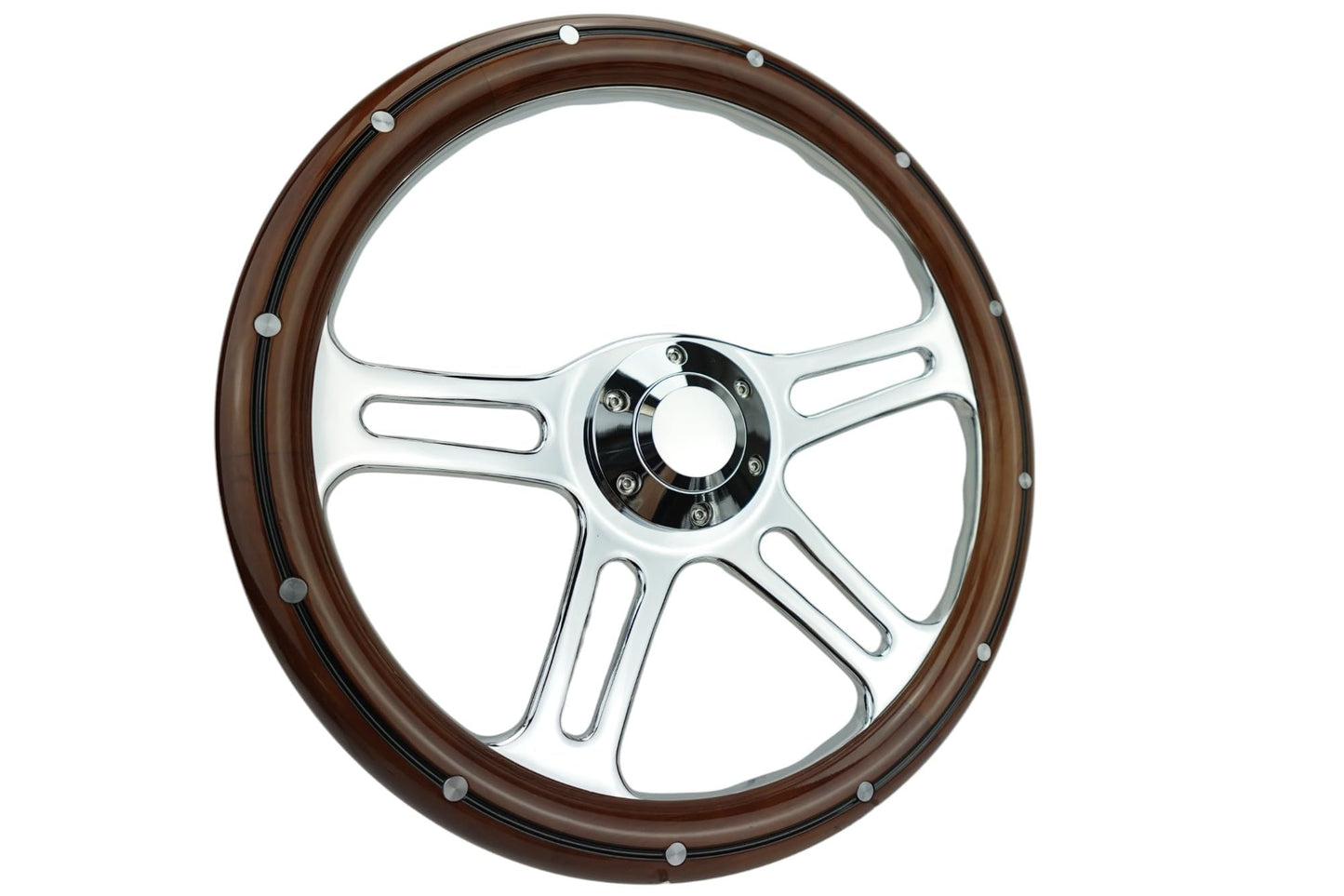350mm 14" Inch Classic Nostalgia Style Wood Grain Steering Wheel Slotted 4 Spoke Chrome Steering Wheel Mohagany Wood Grip