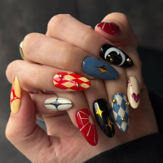 plalely Almond Press on Nails Long Colorful Fake NailTarot Style Acrylic Nail Press ons Lunna Stick on Nails for Women 24pcs